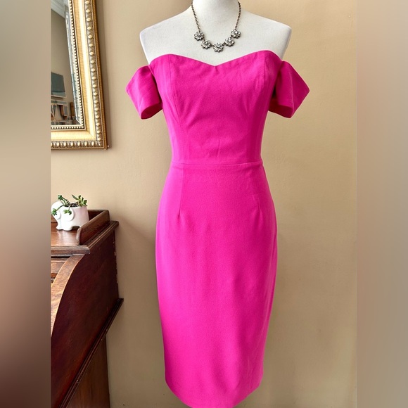 Dress The Population Bailey Off-The-Shoulder Slim Midi Dress Hot Pink Size M - Picture 13 of 13